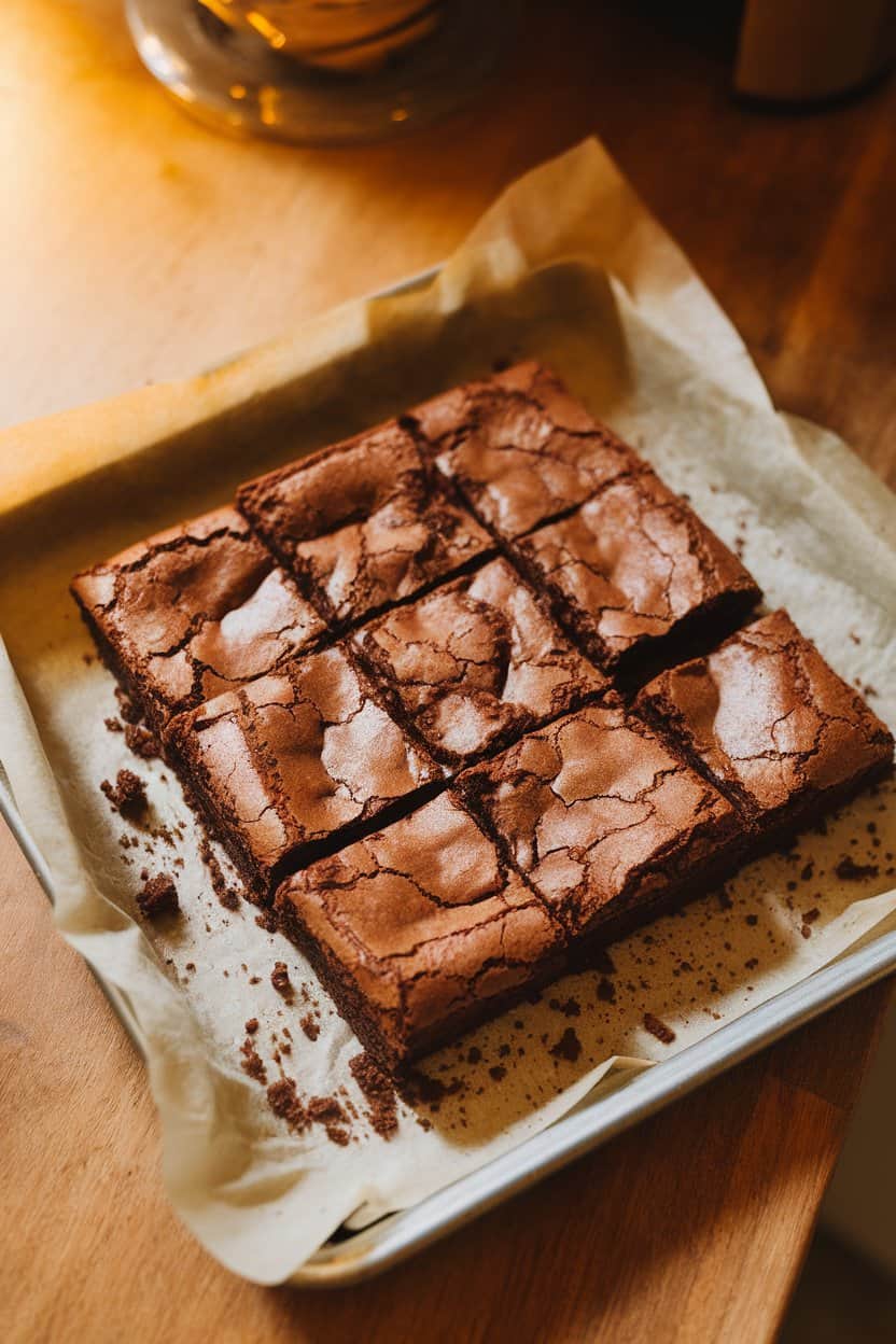 A warmly lit indoor kitchen counter with a parchment-lined tray of sliced fudgy brownies, crackly tops visible and crumbs scattered around. The photo is taken at a slight overhead angle, no text or logos anywhere in view, and it’s clearly a photograph, not an illustration.