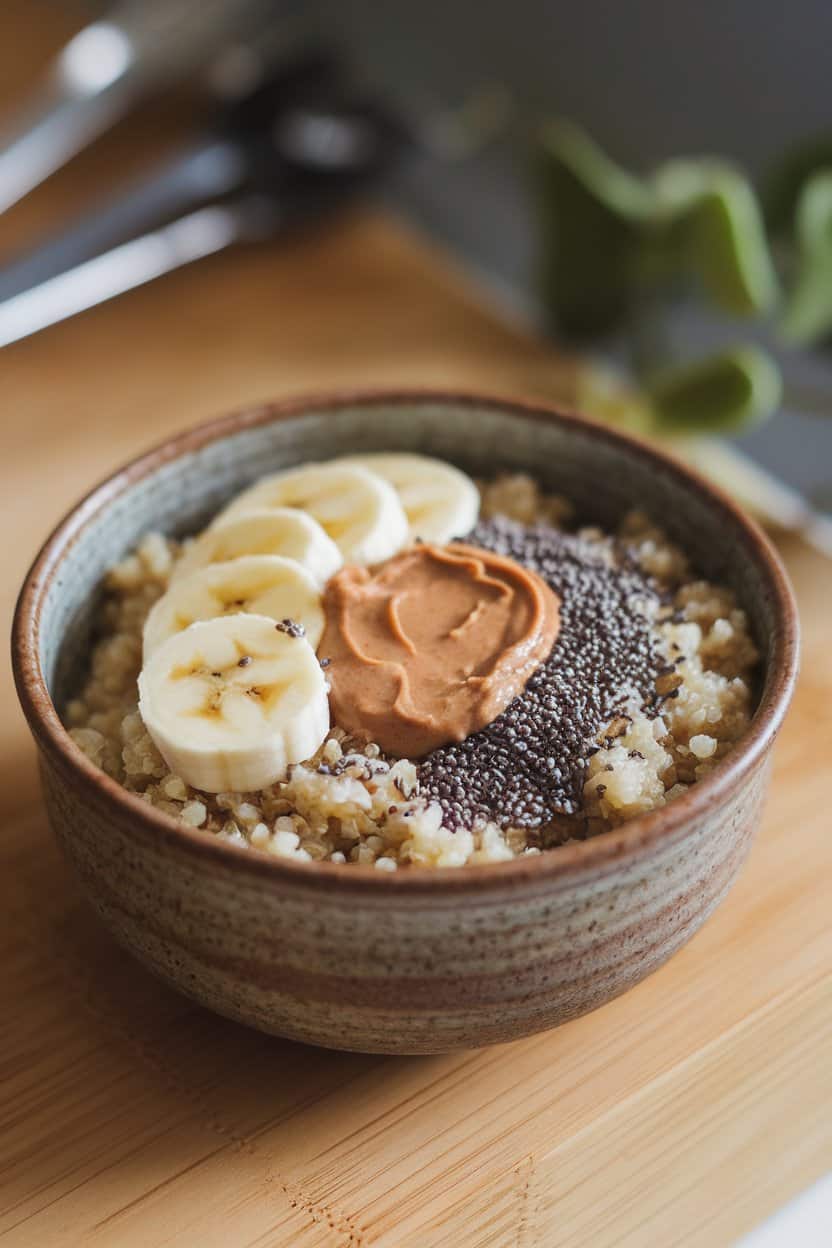 Indoor photo of a ceramic bowl filled with warm quinoa topped with sliced banana, a dollop of almond butter, and chia seeds; no text or logos