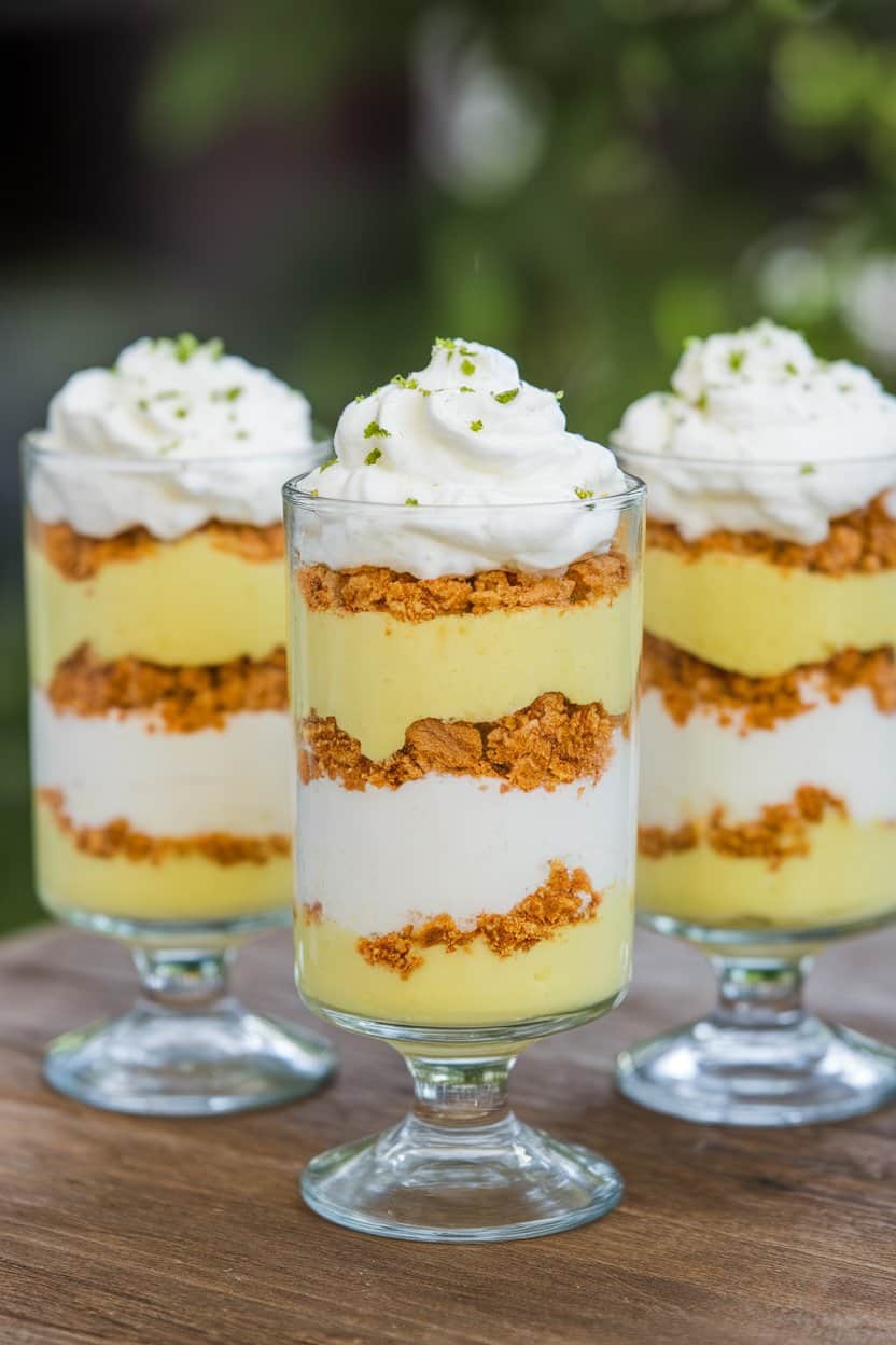 Indoor photo of layered parfait glasses containing lime custard, graham cracker crumbs, and coconut whipped cream, lime zest sprinkled on top. Bright, fresh lighting, no text or logos.