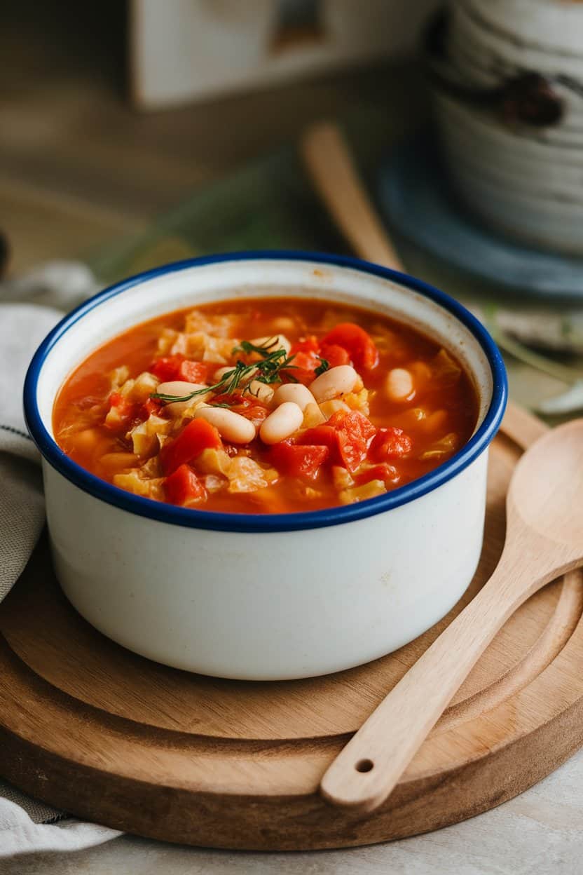 Indoor photo of chunky cabbage soup with tomatoes and white beans in an enamelware bowl, wooden spoon resting alongside. No text or logos.