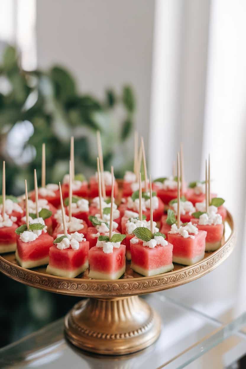 A brightly lit indoor platter displaying small watermelon cubes topped with feta crumbles and tiny mint leaves, arranged neatly on toothpicks. No text or logos.