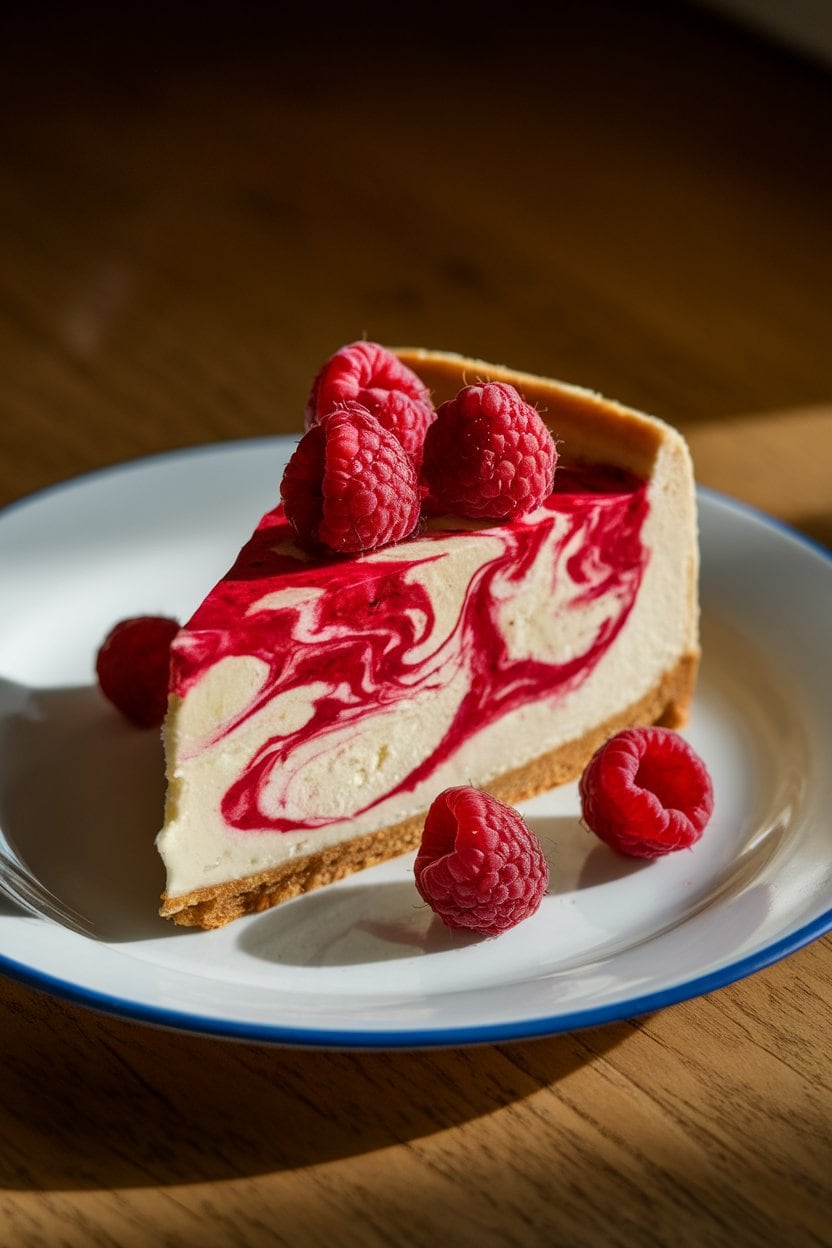 Photo: Slice of creamy cheesecake swirled with raspberry sauce on a white plate, indoor lighting highlighting the marbled surface. No text or logos.
