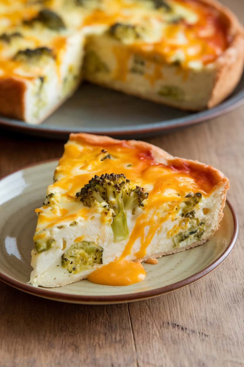 Indoor photo of a slice of egg white frittata with visible broccoli florets and melted cheddar, resting on a small plate; no text or logos