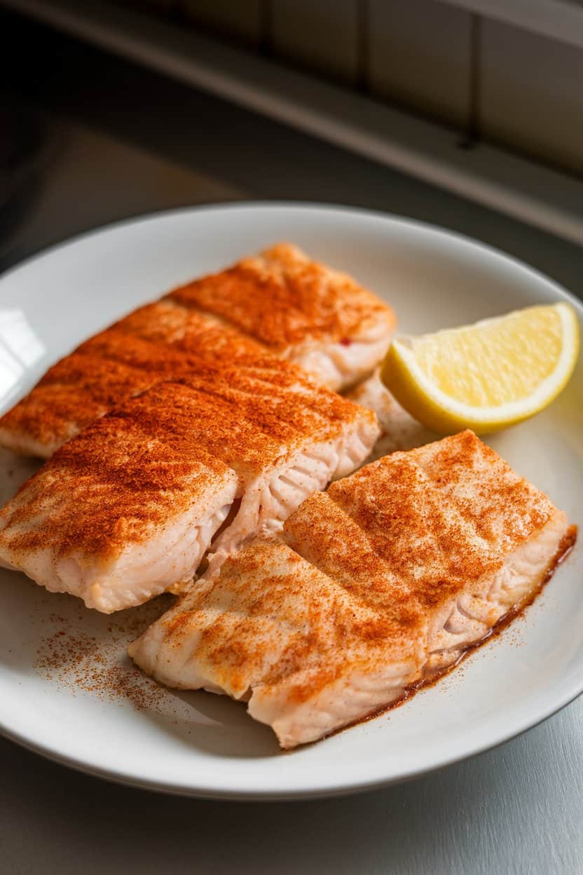 Indoor photo of baked tilapia fillets dusted with paprika on a white plate, lemon wedge on side; gentle kitchen lighting, no text or logos