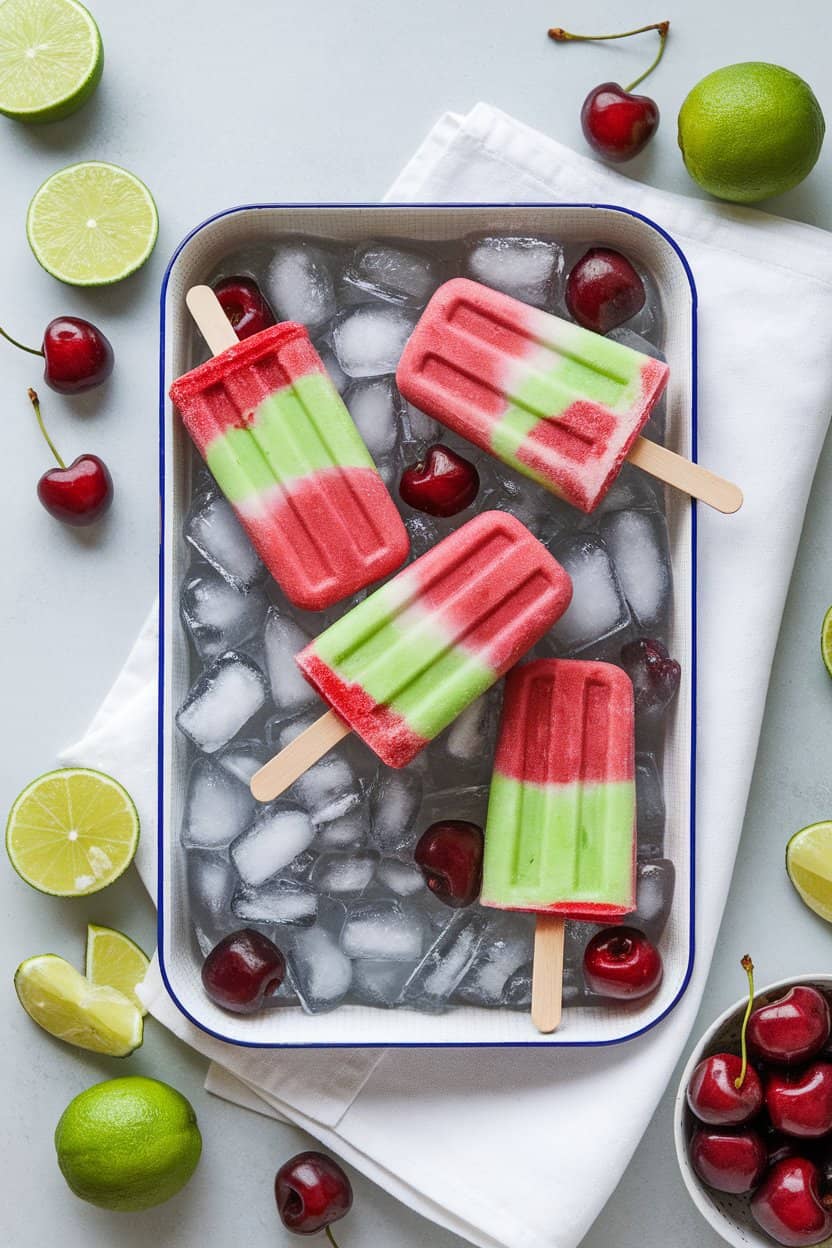 An indoor kitchen counter with vibrant red cherry lime popsicles resting on crushed ice in a tray. No text or logos on sticks or background.