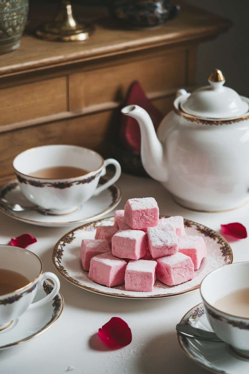 An indoor tea service scene with bite-size pink Turkish delight cubes dusted in powdered sugar, a few edible rose petals scattered, no logos or text.