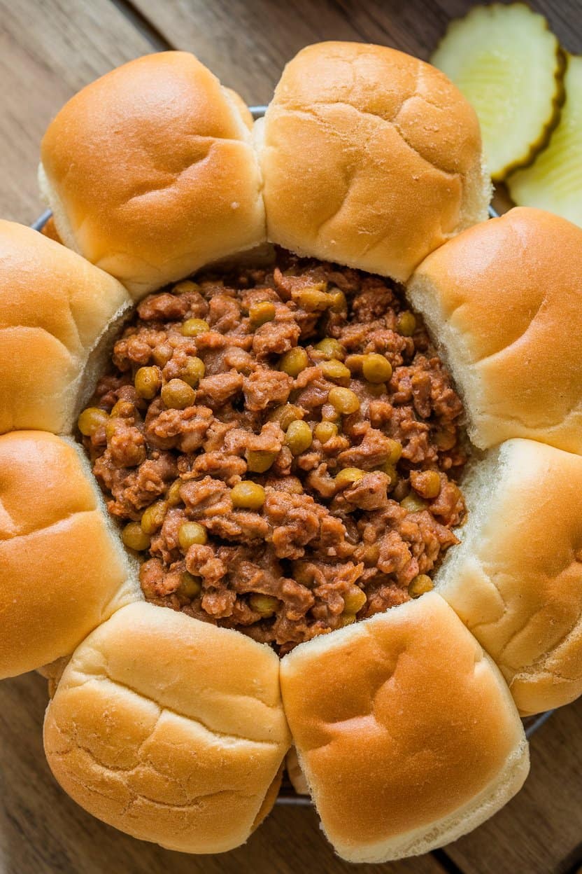 An indoor tray of mini slider buns packed with a beef-and-lentil sloppy mixture, a few pickle slices nearby. No text or logos.