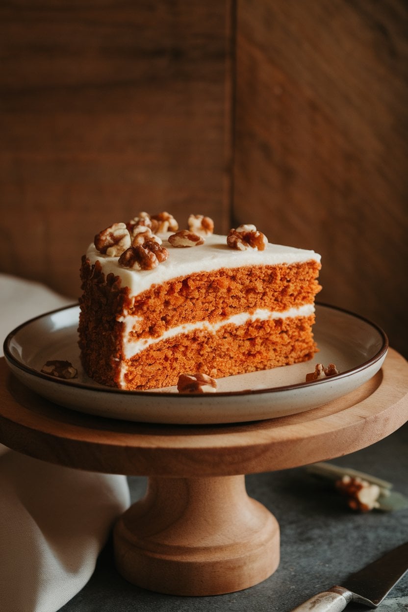 Indoor photo of a single slice of moist carrot cake on a dessert plate, thick layer of cream cheese frosting on top, walnuts scattered around. Warm lighting, no text or logos.