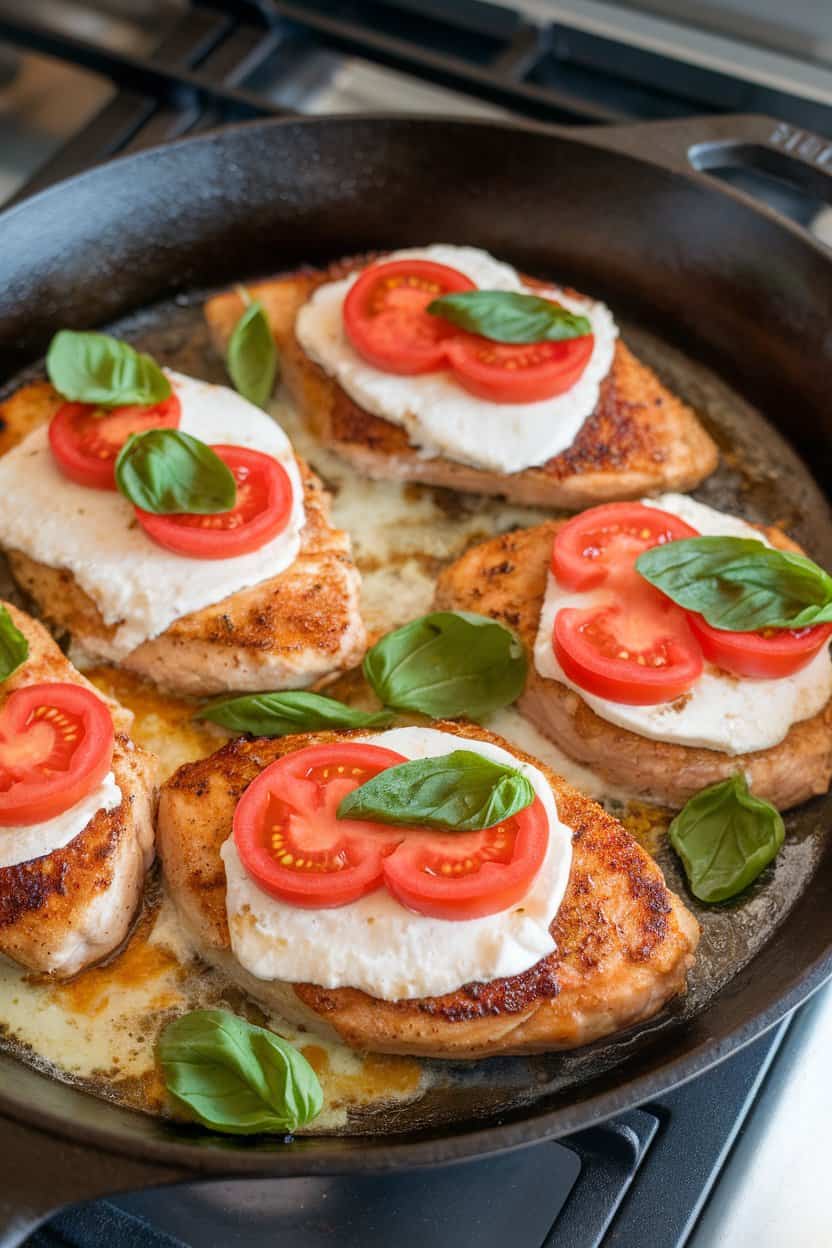 An indoor stovetop shot of seared chicken breasts topped with melted mozzarella, sliced tomatoes, and basil leaves in a cast-iron skillet. No branding or text present. Photo only.