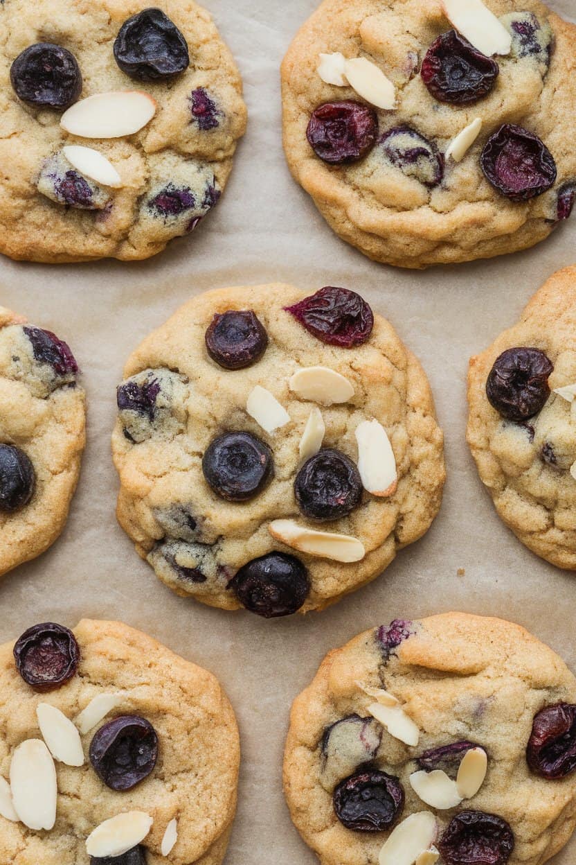 Indoor photo of hearty vegan cookies studded with dried blueberries and almond slivers on parchment, no text or logos