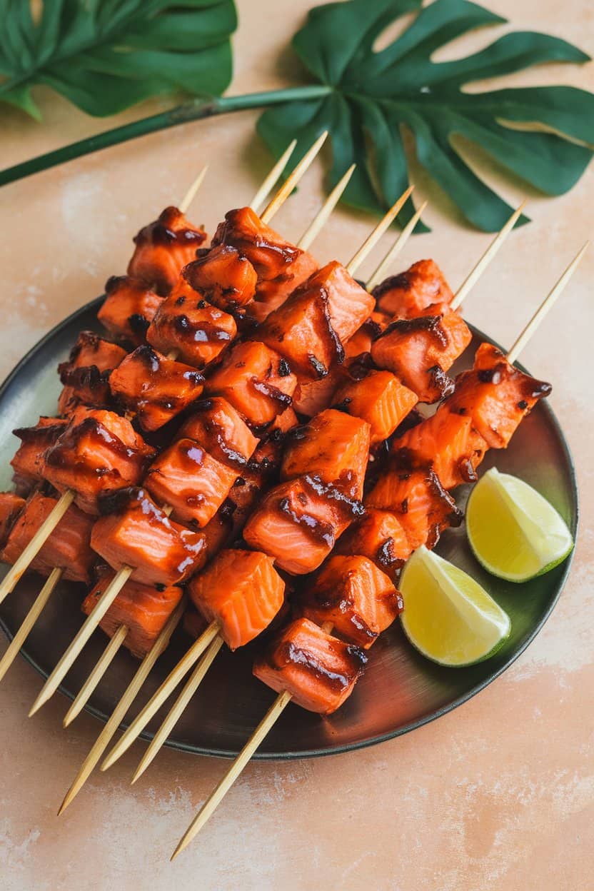 Indoor photo of bamboo skewers threaded with cooked salmon chunks coated in sticky sweet chili glaze, arranged on a platter with lime wedges. No text or logos.