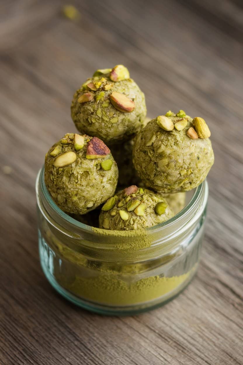 Indoor countertop shot of green-tinted matcha protein balls nestled in a small glass jar, lightly dusted with extra matcha powder and chopped pistachios. No text or logos. Photo only.