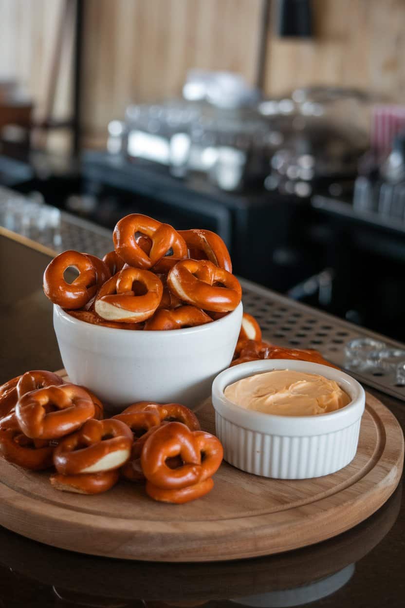 White ceramic bowl of glossy mini pretzel bites beside a ramekin of creamy beer cheese on an indoor bar counter, no visible branding.