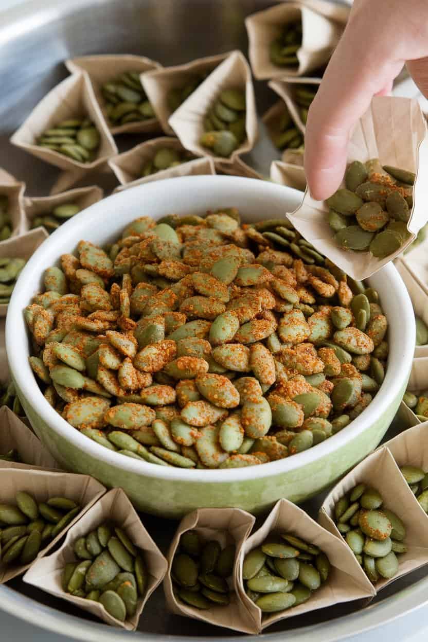 Indoor photo of a bowl filled with toasted green pumpkin seeds coated in chili-lime seasoning, small paper packets being filled beside it; no text or logos anywhere.