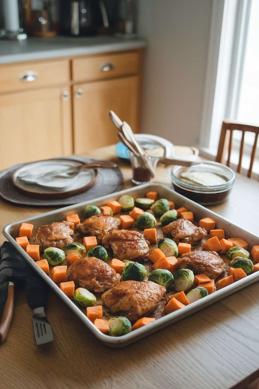 Indoor dining table featuring a sheet pan filled with honey-mustard chicken thighs, Brussels sprouts, and sweet potato cubes. No logos, real photo.