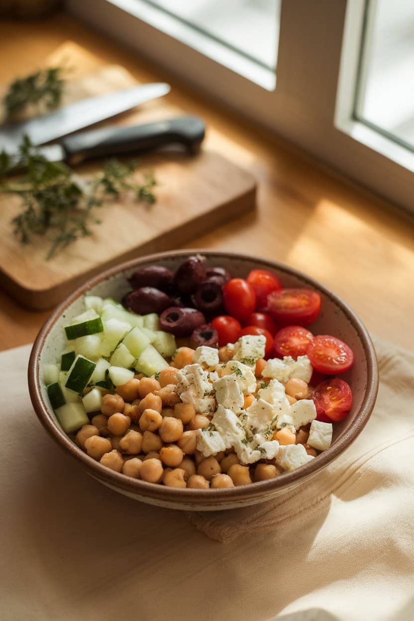 Warm indoor tabletop with a ceramic bowl filled with chickpeas, diced cucumber, cherry tomatoes, olives, and crumbled feta, lightly glossed with olive oil and herbs. Soft natural window light, no text or logos, photo not illustration.