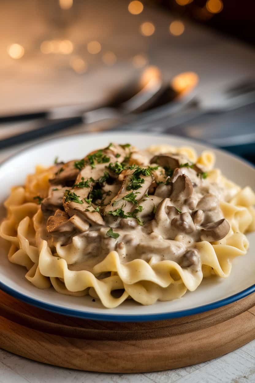 Indoor plate of wide noodles swirled with creamy mushroom stroganoff, garnished with chopped parsley, no text or logos visible.