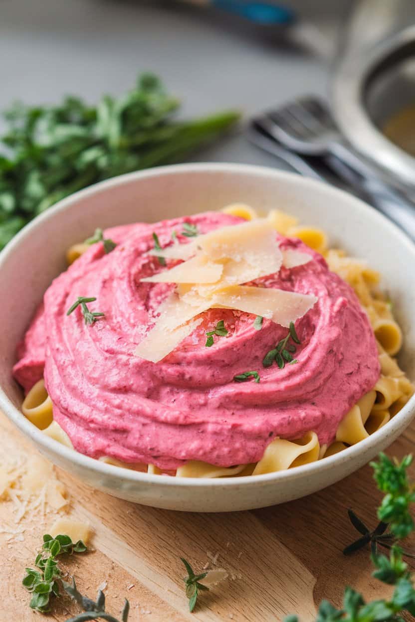 An indoor bowl of fettuccine coated in blush-pink beet Alfredo sauce, parmesan shavings on top. No text or logos anywhere.