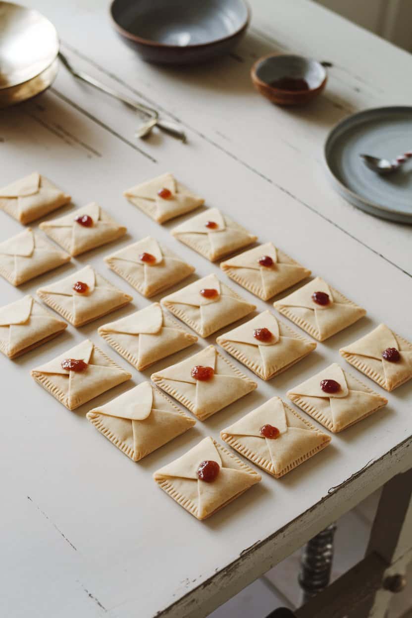 A farmhouse-style indoor table with small rectangular hand pies scored to resemble envelopes, a little jam peeking out, no logos or text.