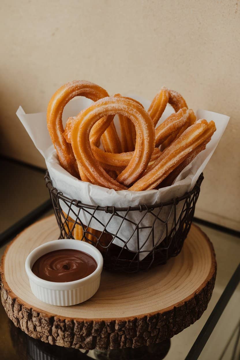 Photo: Basket lined with paper filled with golden churros dusted in cinnamon sugar, small bowl of chocolate dipping sauce nearby, indoor setting. No text or logos.