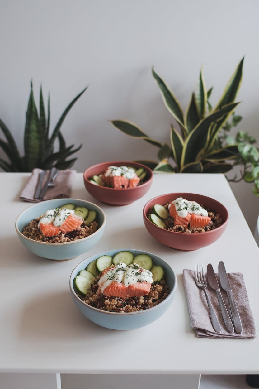 Photo of an indoor table showcasing grain bowls filled with quinoa, sliced cucumbers, and salmon topped with creamy herbed yogurt sauce. No text or logos present.