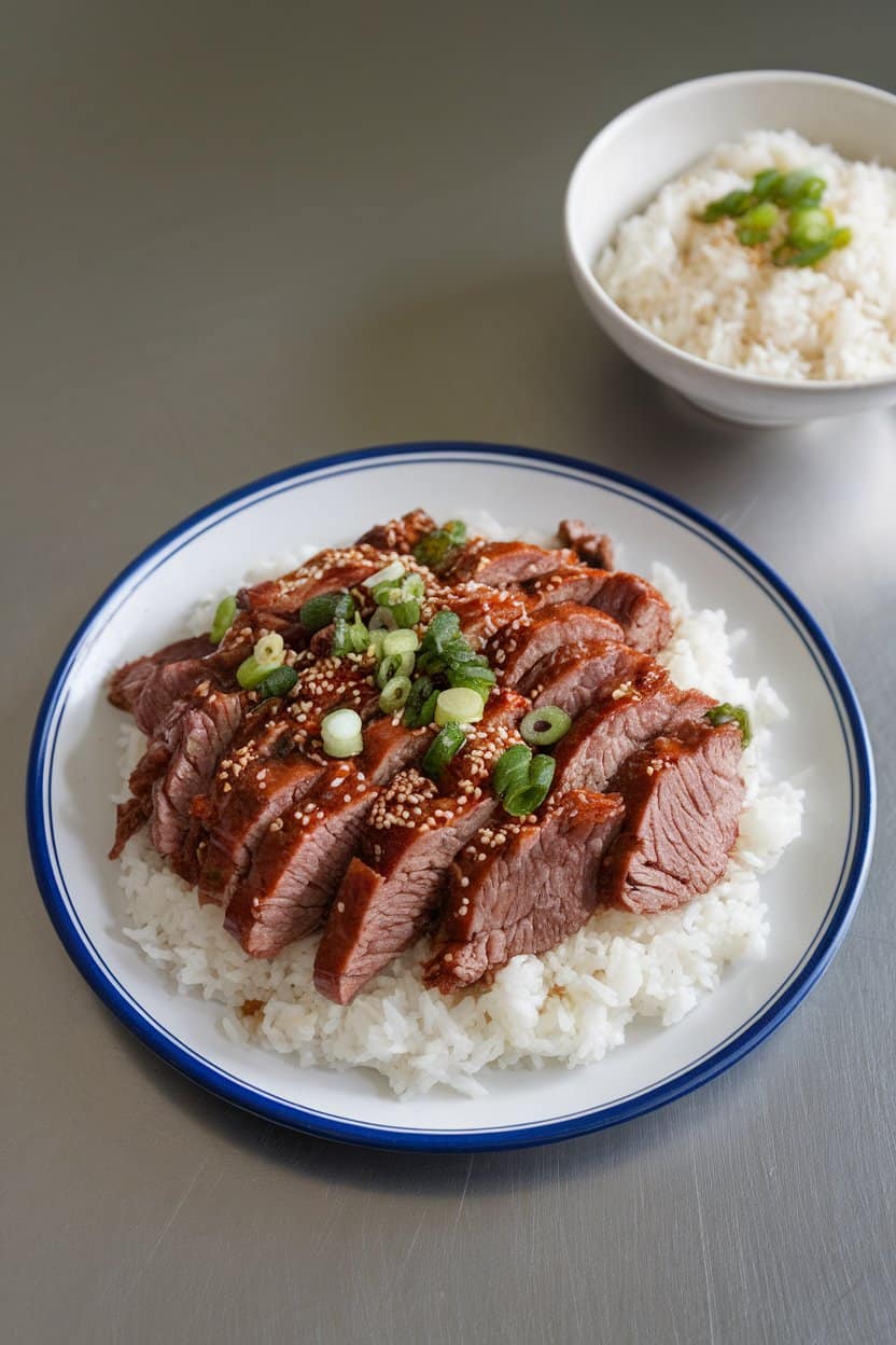Indoor tabletop with a plate of sliced cooked bulgogi beef over white rice, garnished with green onions and sesame seeds. Photo, no text or logos.
