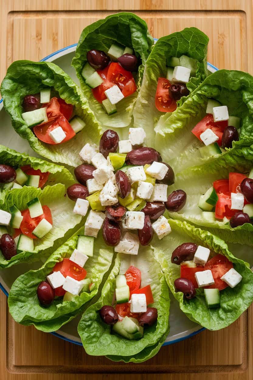 Indoor photo of crisp romaine leaves filled with diced cucumber, tomato, olives, and feta on a platter; no text or logos anywhere.
