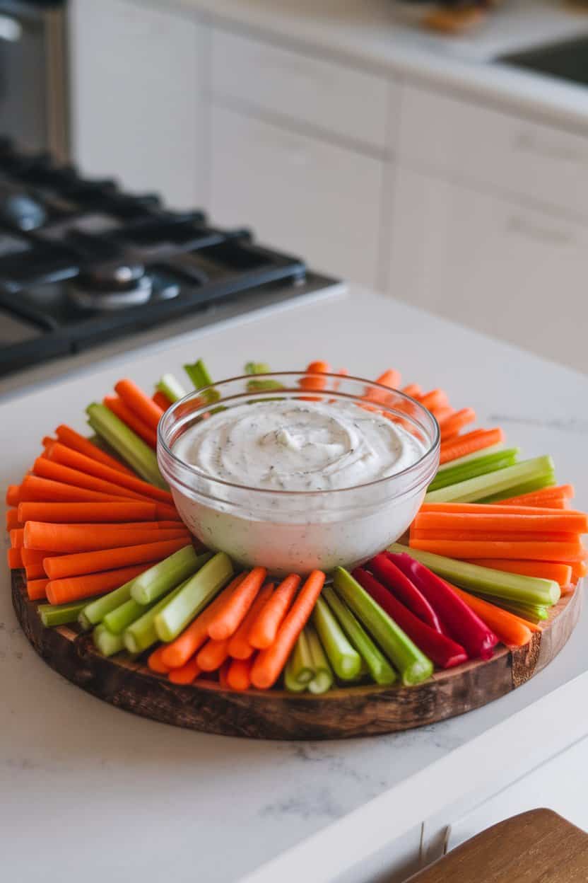 An indoor kitchen island featuring a clear bowl of creamy white Greek yogurt ranch dip surrounded by colorful carrot, celery, and bell-pepper sticks on a wooden platter. Photo, no text or logos.
