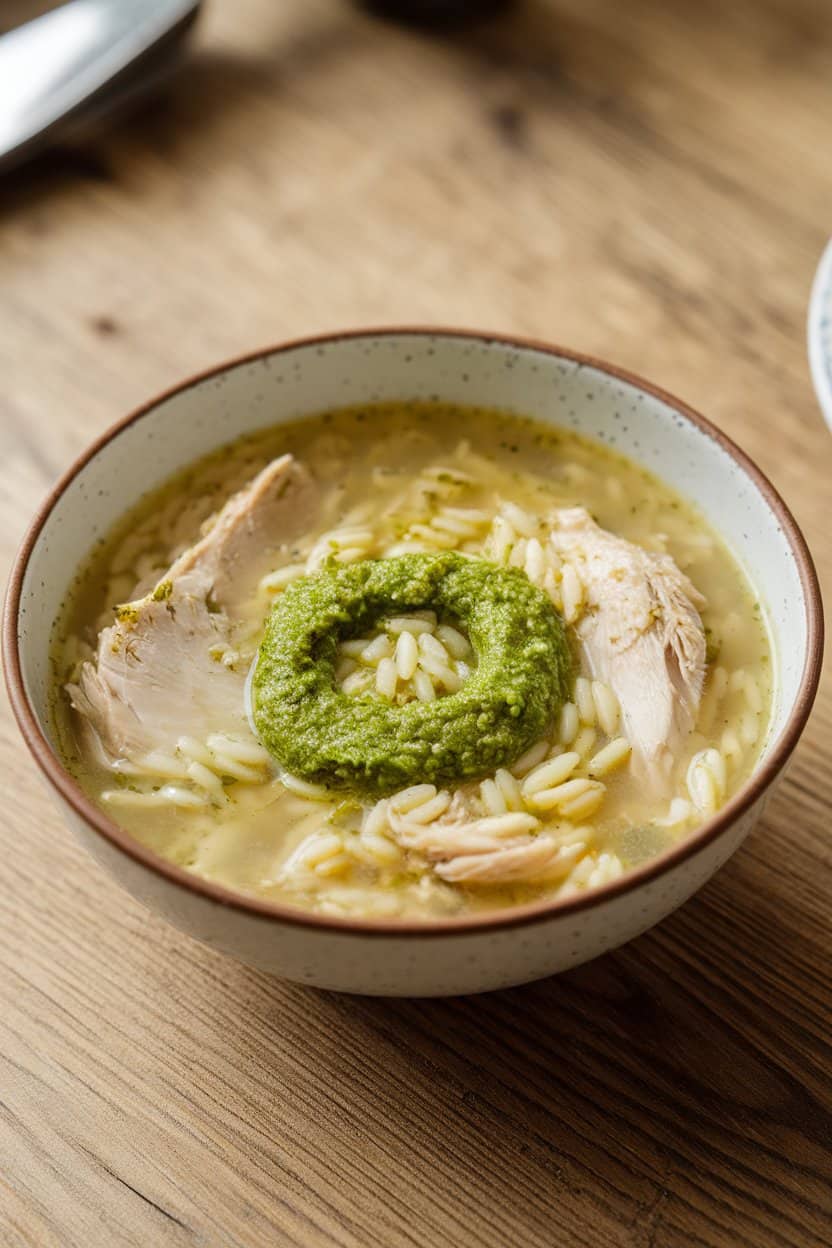 Indoor table featuring a bowl of chicken soup with tiny orzo pasta and a dollop of bright green pesto swirling on top; no text or logos.