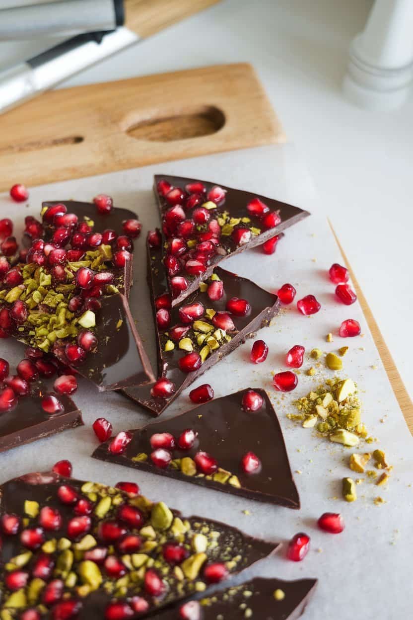 An indoor kitchen surface with shards of glossy dark chocolate bark studded with bright pomegranate arils and crushed pistachios. No text or logos.