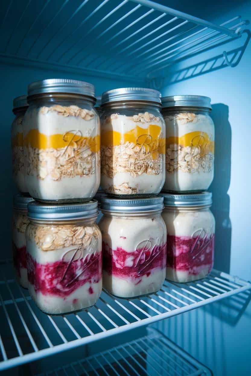 An indoor refrigerator shelf holding mason jars layered with creamy oats, lemon zest, and raspberry swirls; cool lighting; no text or logos.