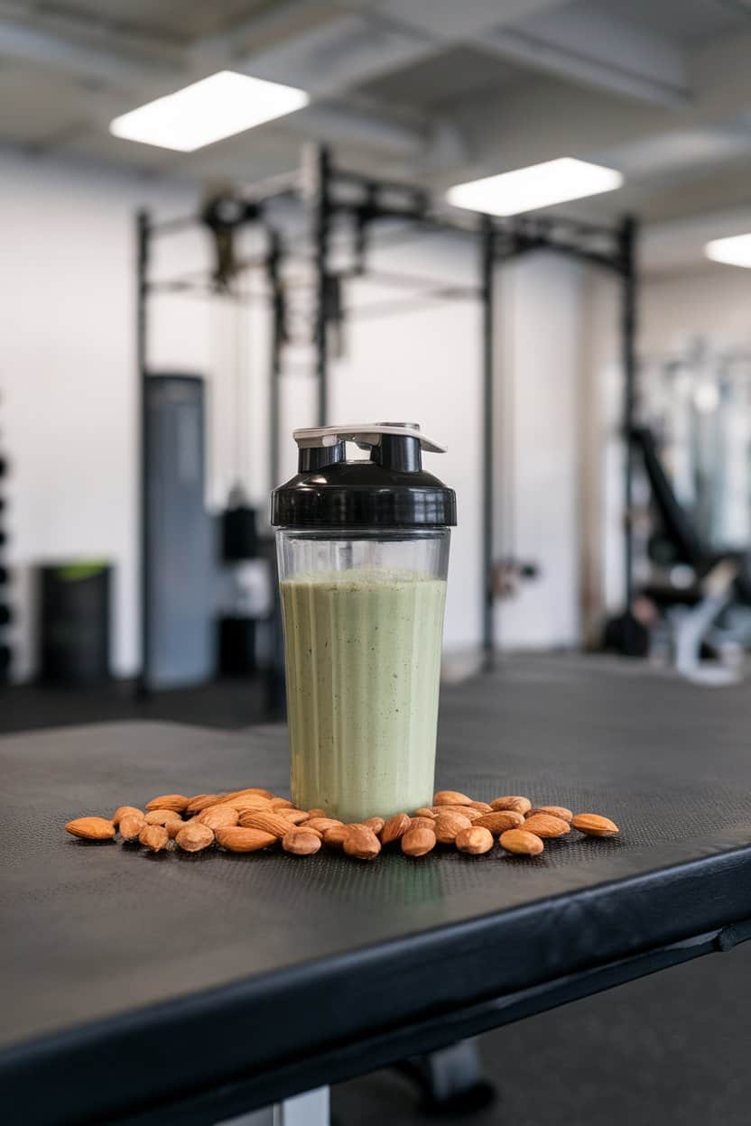 Indoor gym kitchen bench with a shaker bottle of thick green protein shake, raw almonds scattered, no text or logos. Photo