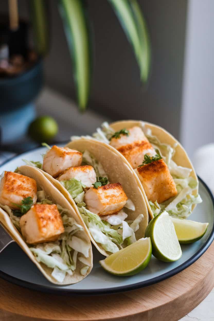 Indoor photo of three assembled tacos filled with golden, cooked white-fish pieces, creamy cabbage slaw, and lime wedges on a plate. No text or logos anywhere.