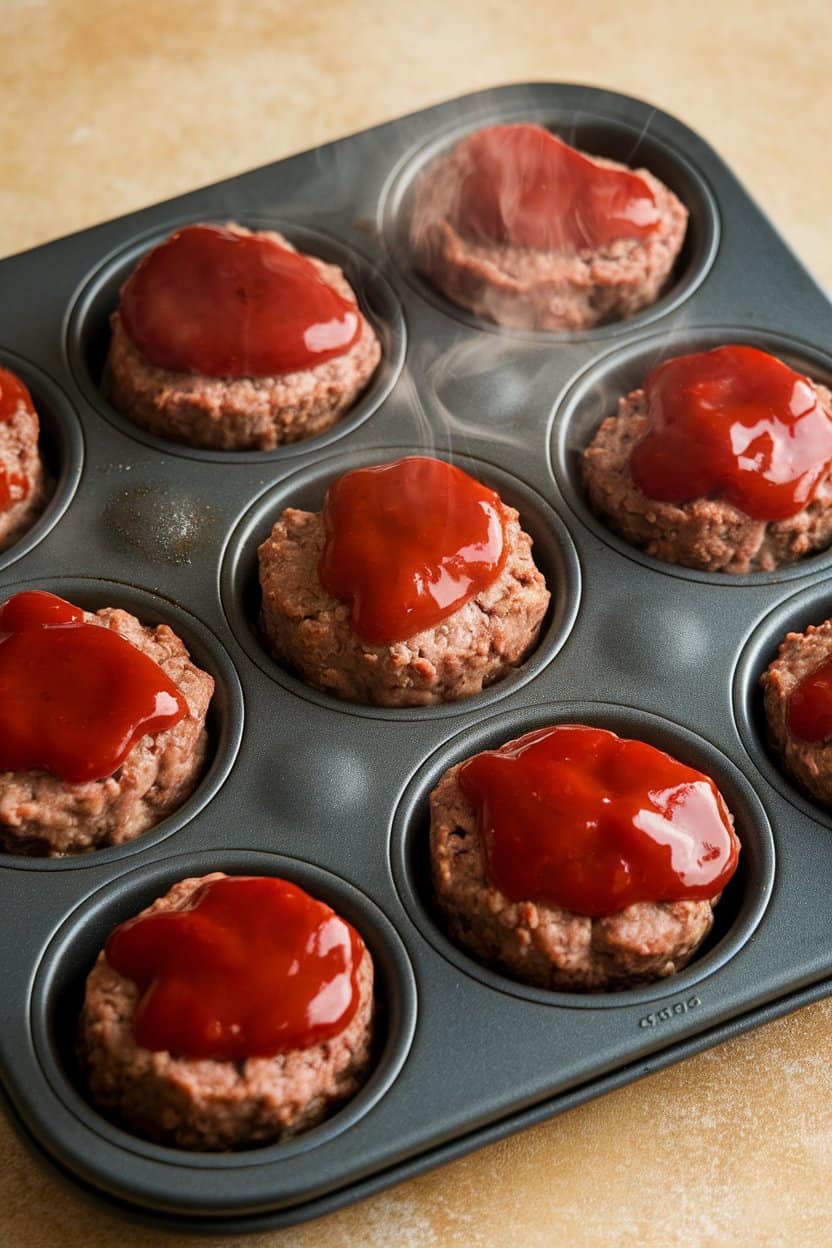 Indoor muffin tin filled with individual mini meatloaves topped with a dollop of ketchup glaze, steam rising. No text or logos. Photo only.
