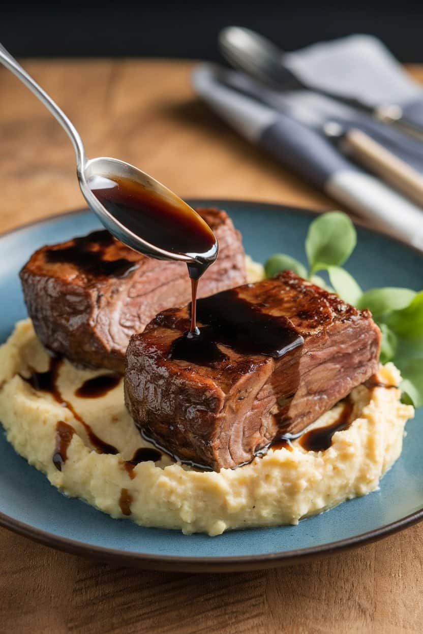 Indoor photo of two short ribs on creamy mashed parsnips, glossy balsamic glaze spooned over, no text or logos
