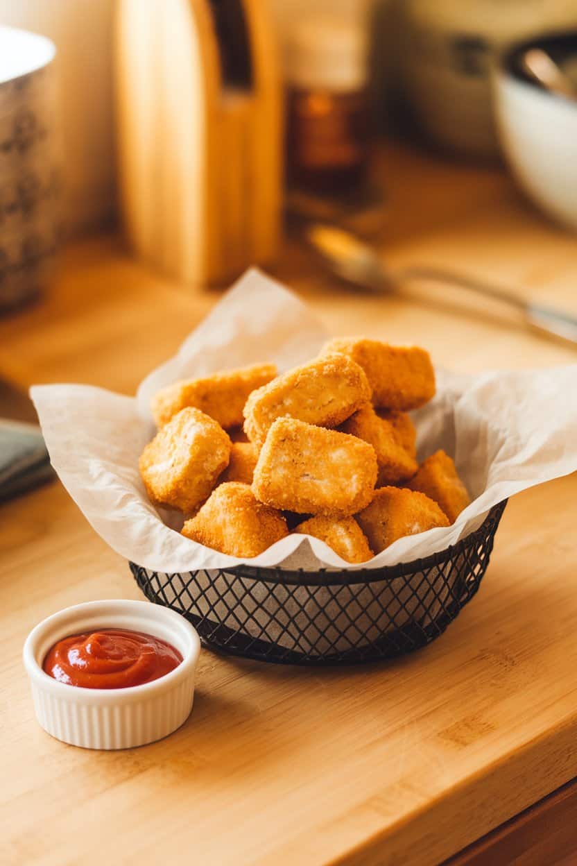 An indoor kitchen counter photo of golden, breaded tofu nuggets piled in a parchment-lined basket, with a small ramekin of ketchup nearby; no branding or text anywhere in the frame.