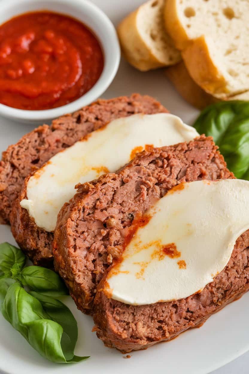 An indoor dinner scene with mozzarella-topped meatloaf slices garnished with fresh basil and a side of marinara sauce. No logos or text visible. Photo only.