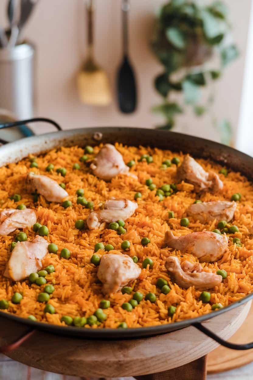 A wide indoor paella-style pan of saffron-colored rice studded with chicken pieces and peas, no text or logos.