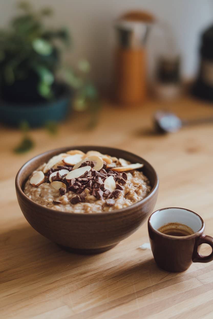 Indoor photo of coffee-infused oats crowned with sliced almonds and cacao nibs, captured beside a small espresso cup; no text or logos.