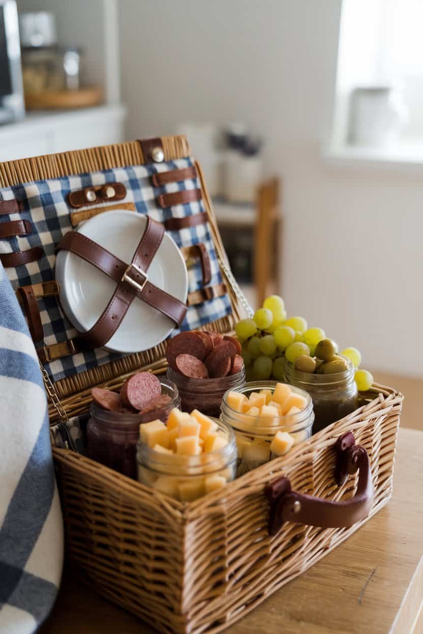 Indoor photo of an assembled picnic basket with small mason jars holding cubed cheese, cooked sausage coins, grapes, and olives, laid next to a folded blanket; bright kitchen lighting, no text or logos