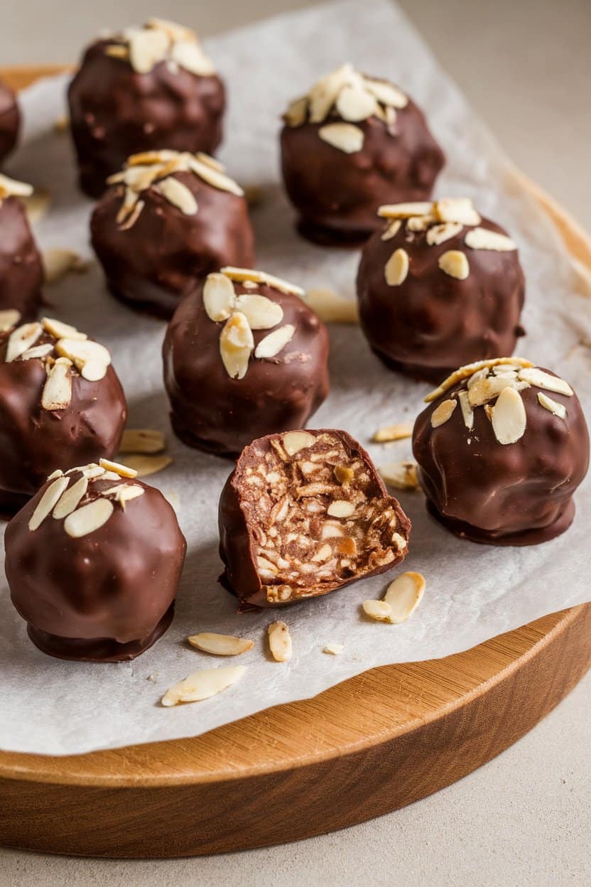 Indoor photo of chocolate-coated energy balls with almond slivers on top, arranged on parchment paper. Neutral studio lighting, no text or logos.