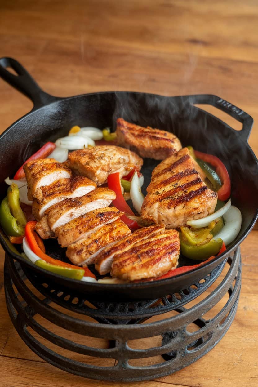 Sizzling cast-iron skillet set on an indoor trivet, filled with seared chicken strips, onions, and colorful peppers, no text or logos.