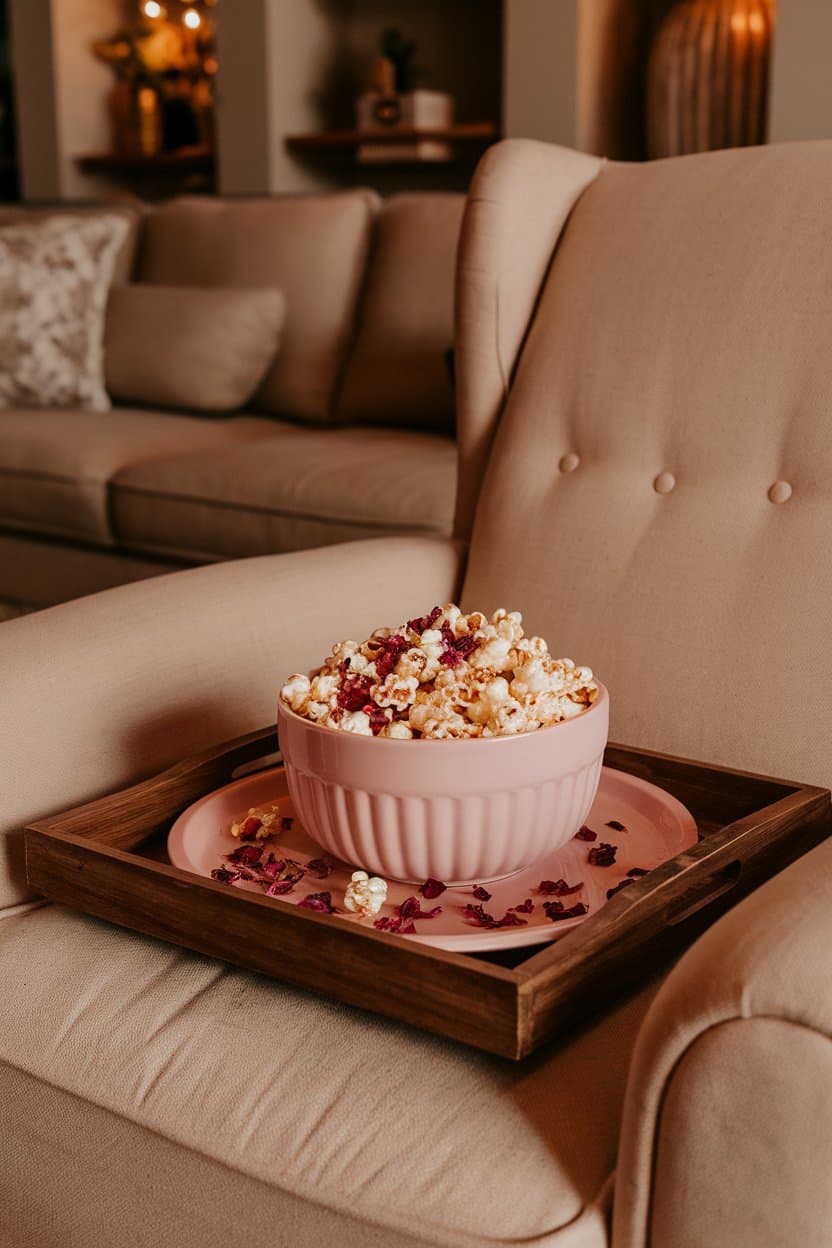 An indoor home theater seat tray holding a pink ceramic bowl filled with popcorn lightly coated in white chocolate and scattered with edible dried rose petals. No text or logos.