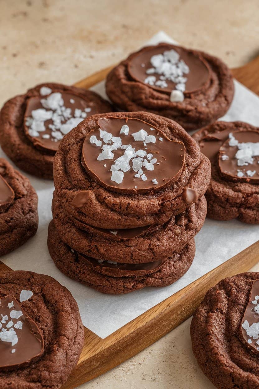 Photo: Stack of thick chocolate chunk cookies with salt flakes on top, indoor countertop, no text or logos.