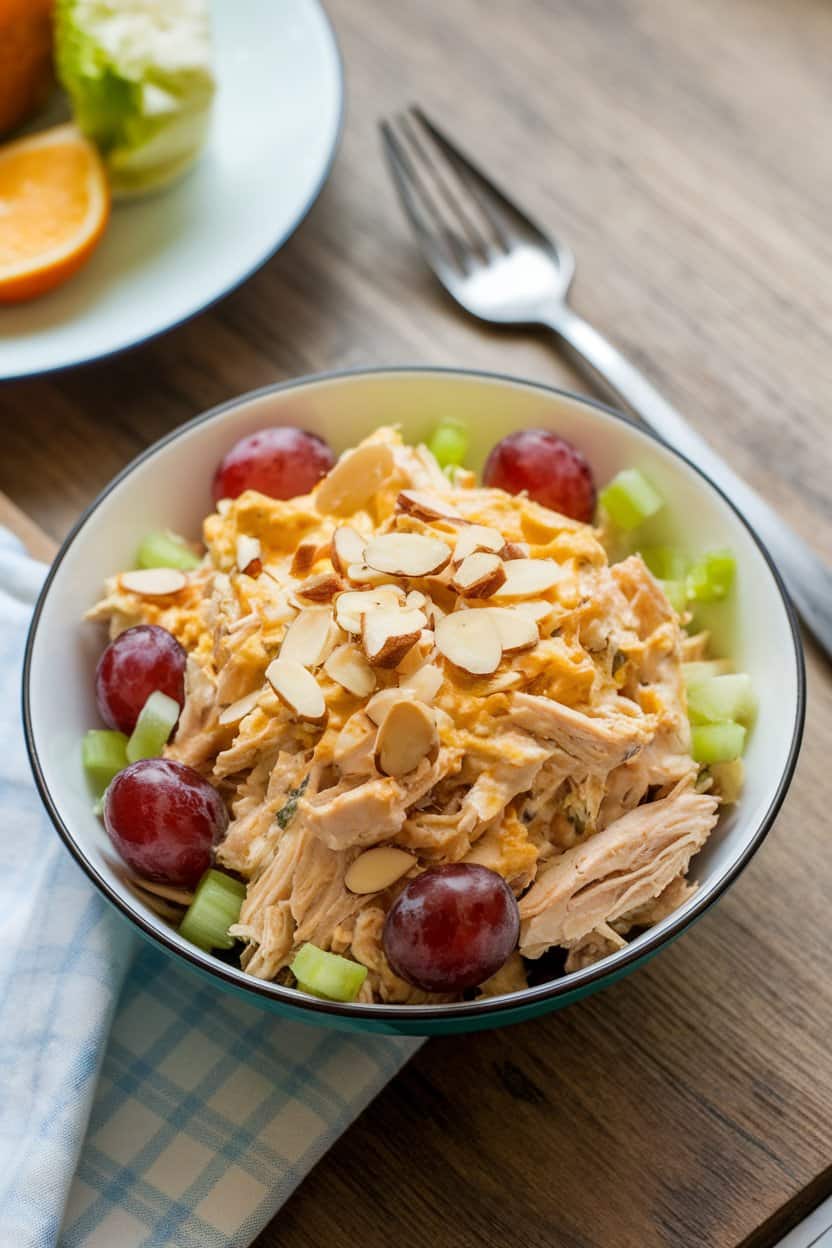 Photo of an indoor lunch setup showing a bowl of curried chicken salad—shredded chicken, red grapes, celery bits, and golden curry-spiced yogurt dressing—garnished with sliced almonds. No text or logos.