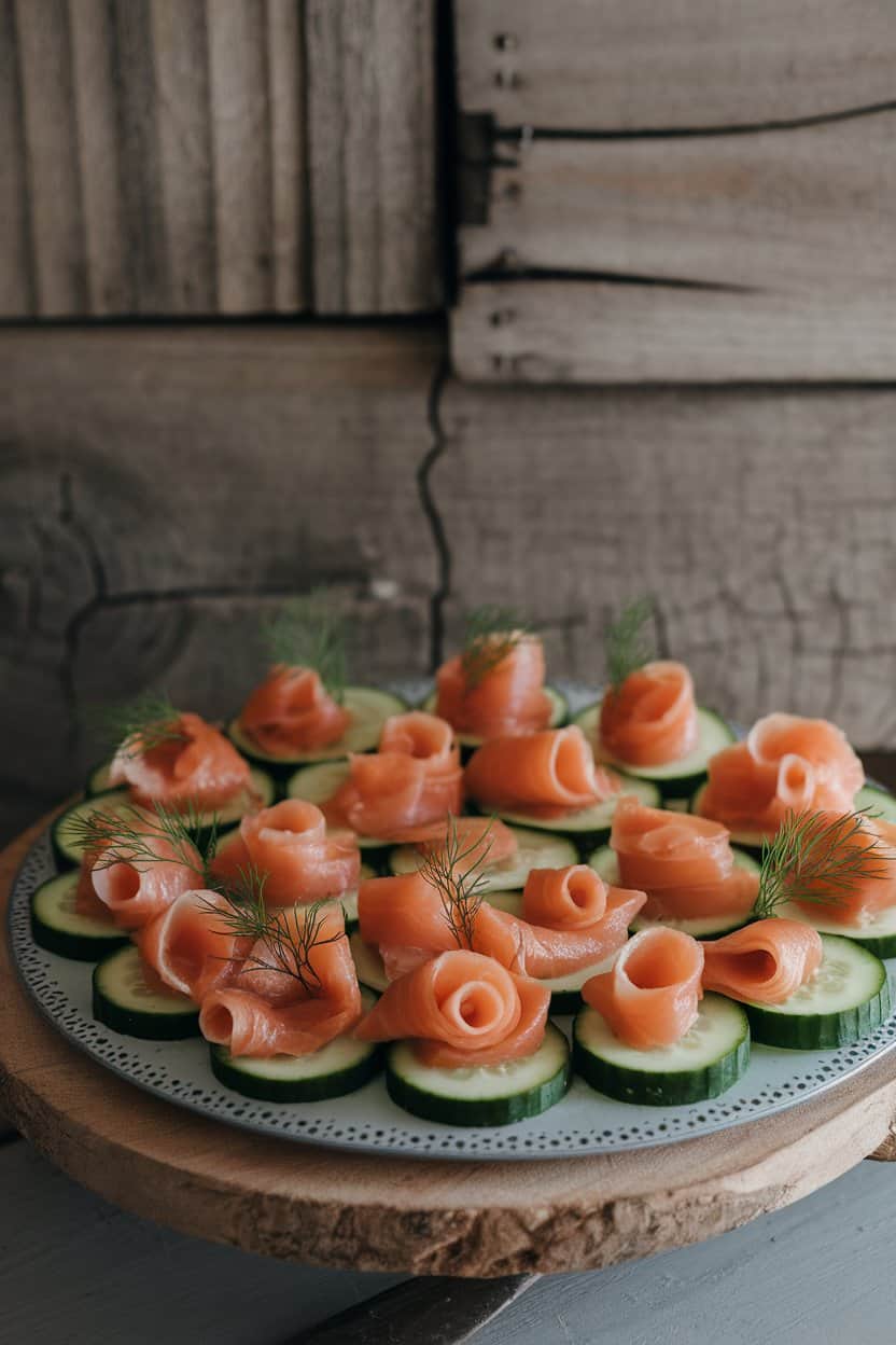 Indoor photo of cucumber rounds topped with cooked smoked salmon ribbons and a dill sprig on each, arranged neatly on a platter; no text or logos visible.