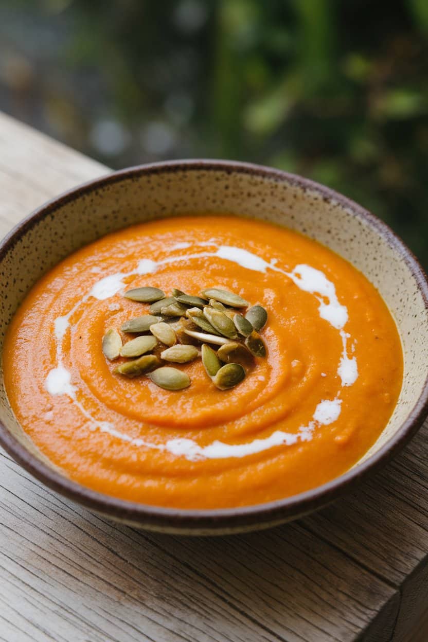 Indoor photo of a smooth orange carrot-coconut soup in a shallow ceramic plate, topped with toasted pumpkin seeds and a drizzle of coconut milk. No text or logos.
