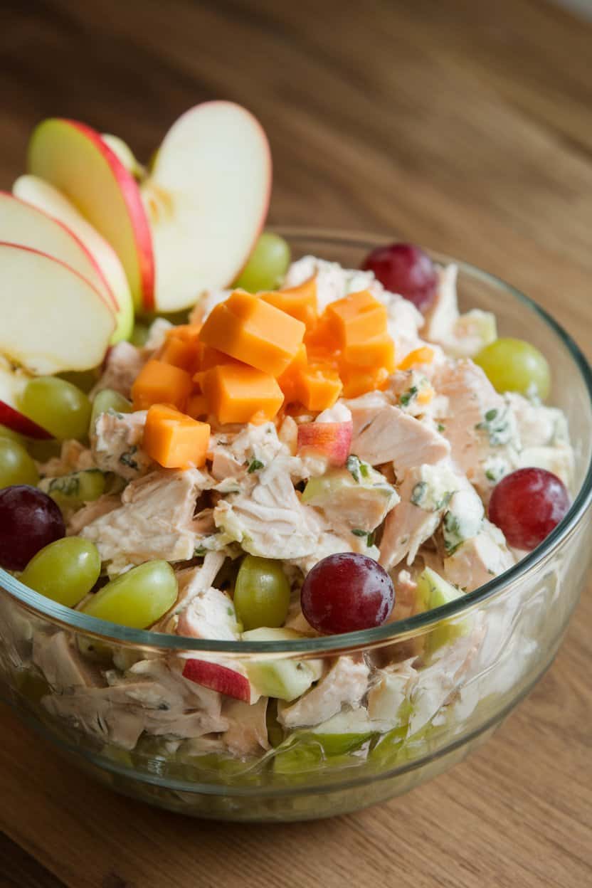 Indoor photo of classic Waldorf-style chicken salad with apple slices, grapes, and cheddar cubes, served in a glass bowl—no text or logos