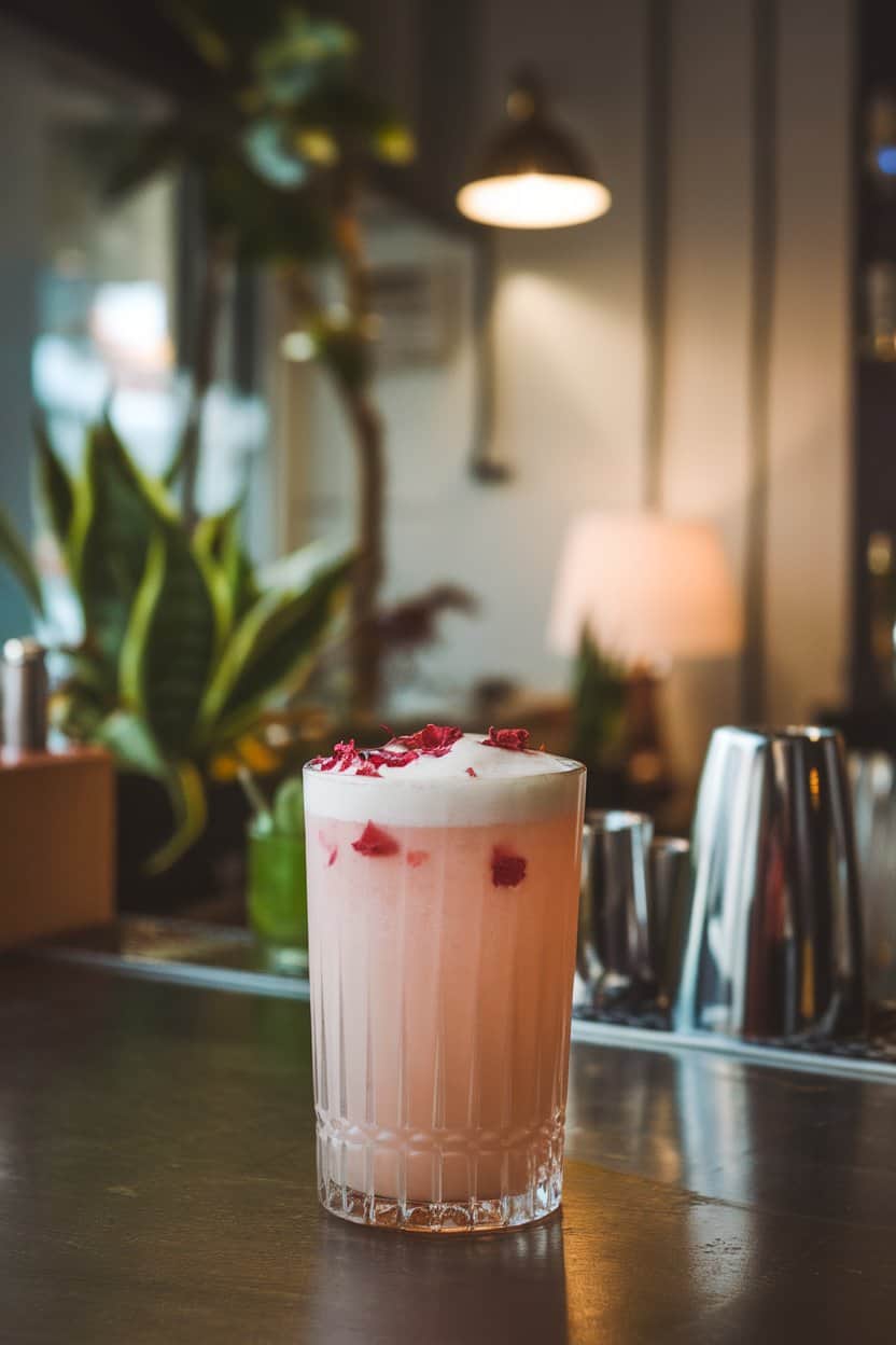 Photo of an indoor craft-cocktail bar showing a tall narrow glass of pale pink rhubarb mocktail with creamy head, dried rose petals on foam; dim romantic lighting; no text or logos.