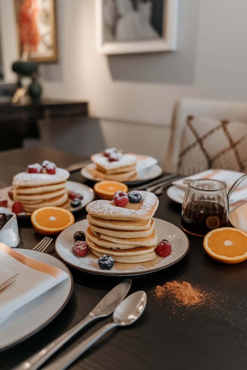 An indoor brunch table featuring small stacks of heart-shaped pancakes topped with fresh berries and a dusting of powdered sugar. No logos or text in sight.